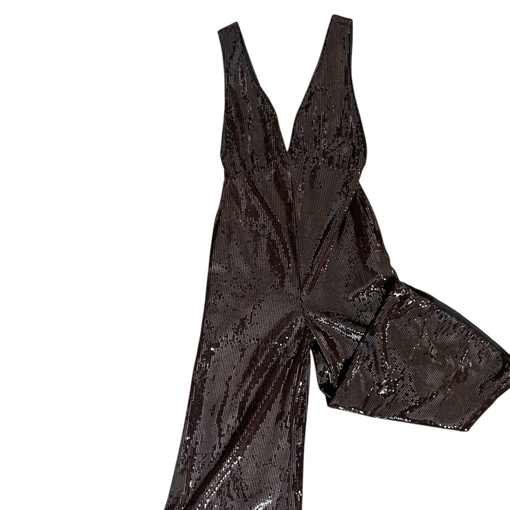 Line & Dot Brown Sequin Wide Leg Jumpsuit XS Deep V Neck Holiday Party REVOLVE - Picture 5 of 15